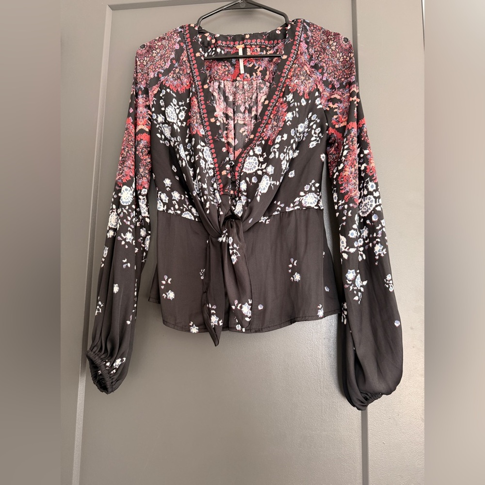 Free People Black and Red Floral Blouse front tie size XS